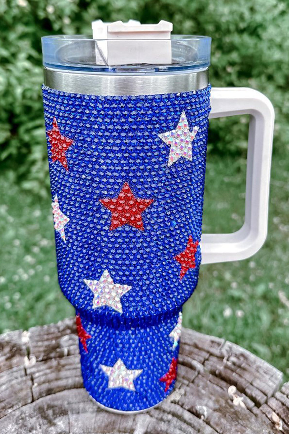 Star-Spangled 40oz Rhinestone Tumbler – Blue Glitter Cup with Handle