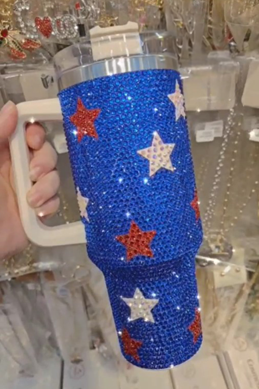 Star-Spangled 40oz Rhinestone Tumbler – Blue Glitter Cup with Handle