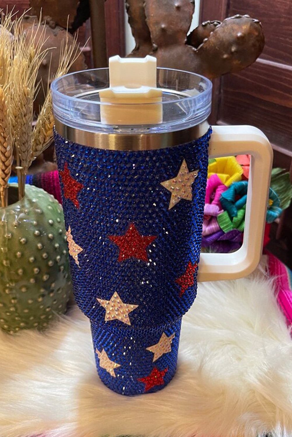 Star-Spangled 40oz Rhinestone Tumbler – Blue Glitter Cup with Handle