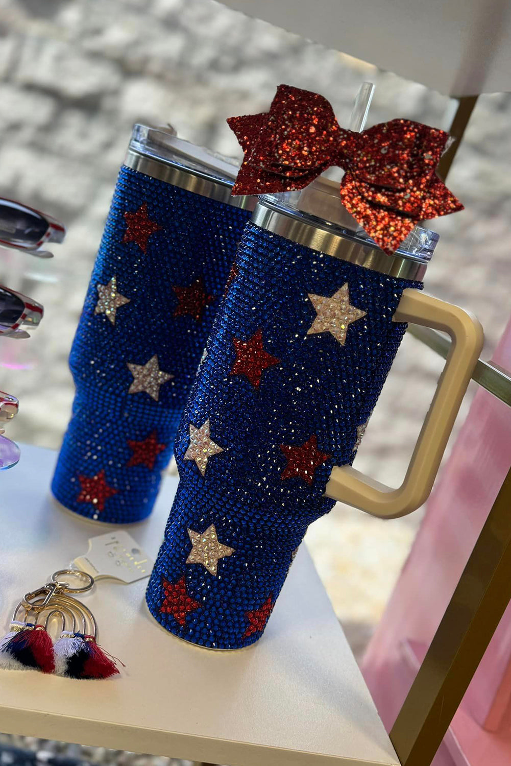 Star-Spangled 40oz Rhinestone Tumbler – Blue Glitter Cup with Handle
