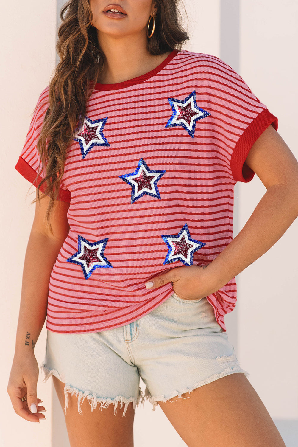 Sequin Star Striped Tee – Pink Patriotic 4th of July Top