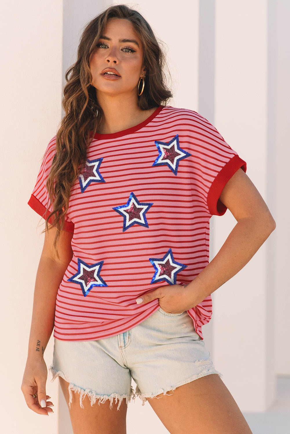 Sequin Star Striped Tee – Pink Patriotic 4th of July Top