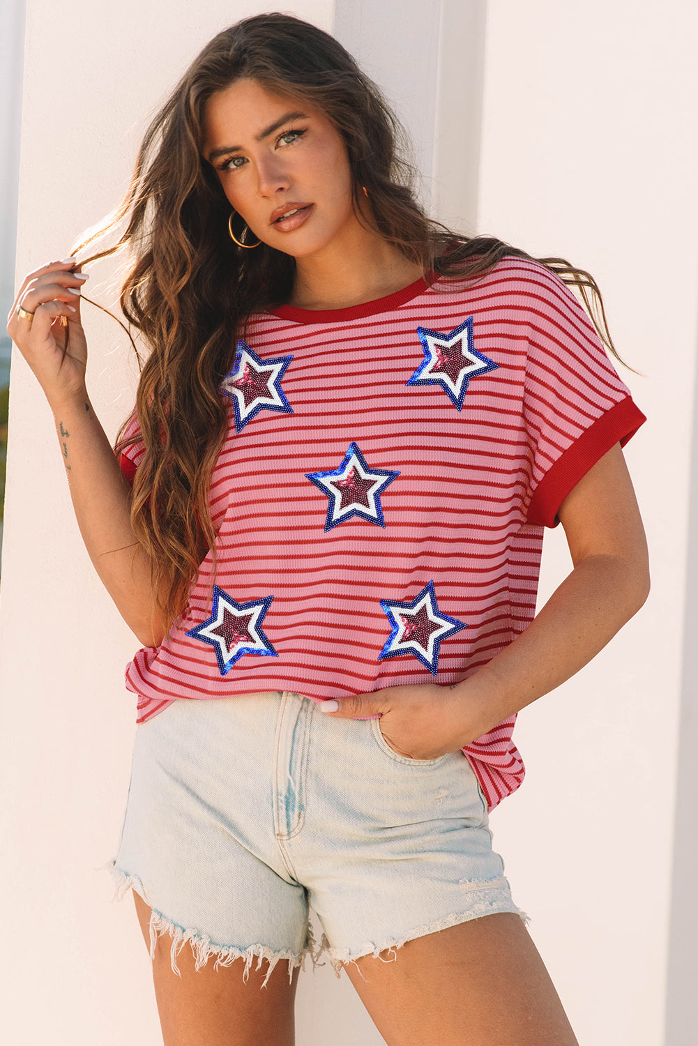 Sequin Star Striped Tee – Pink Patriotic 4th of July Top