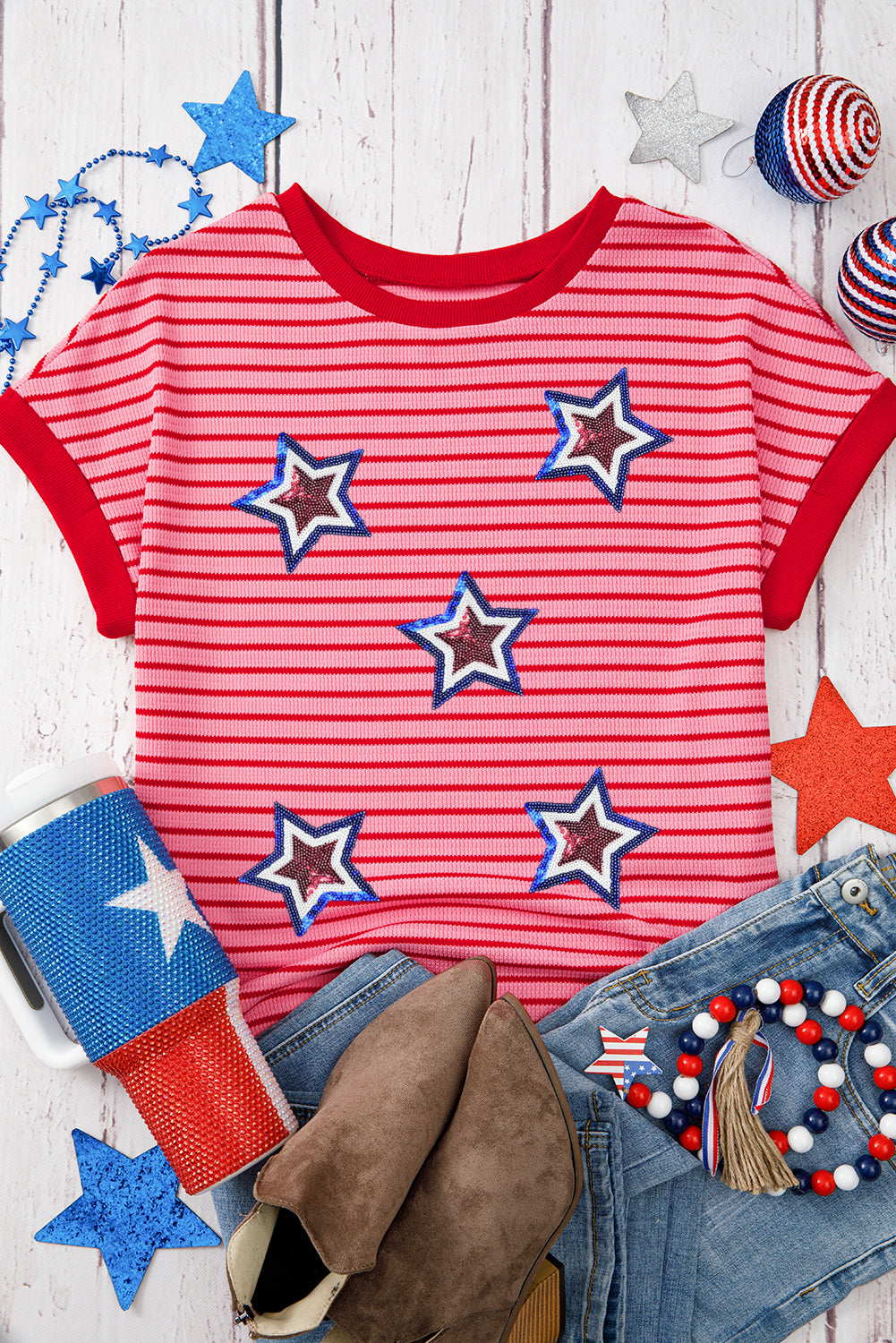 Sequin Star Striped Tee – Pink Patriotic 4th of July Top