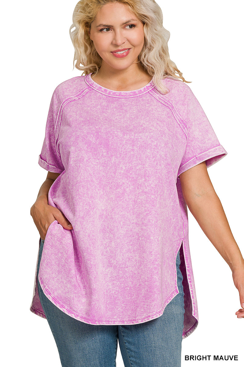 Acid Wash French Terry Pullover – Raw Edge Tee with Cuffed Sleeves | Honeysuckle Road