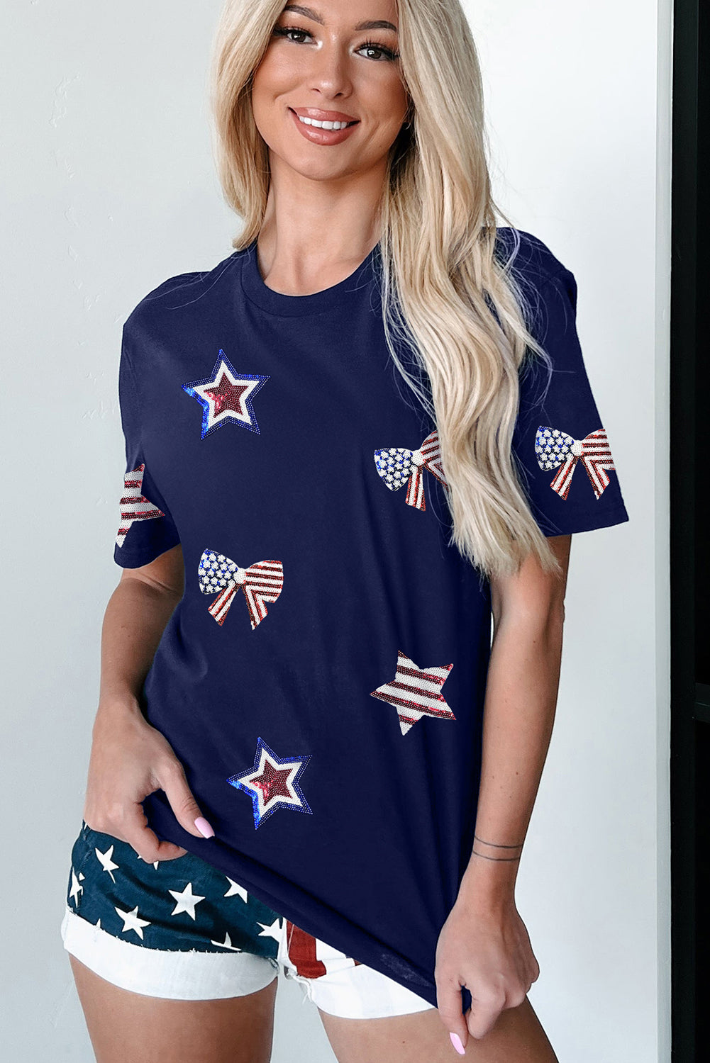 Sequin Star & Bow USA Graphic Tee – Patriotic 4th of July Shirt (Navy)