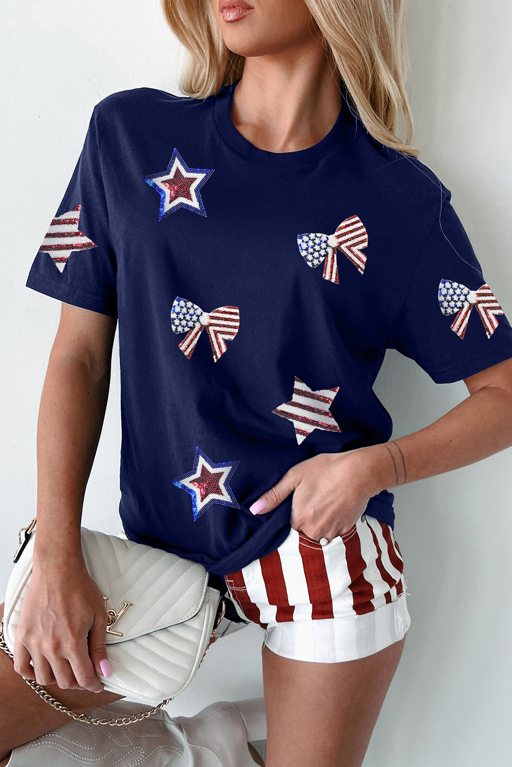 Sequin Star & Bow USA Graphic Tee – Patriotic 4th of July Shirt (Navy)