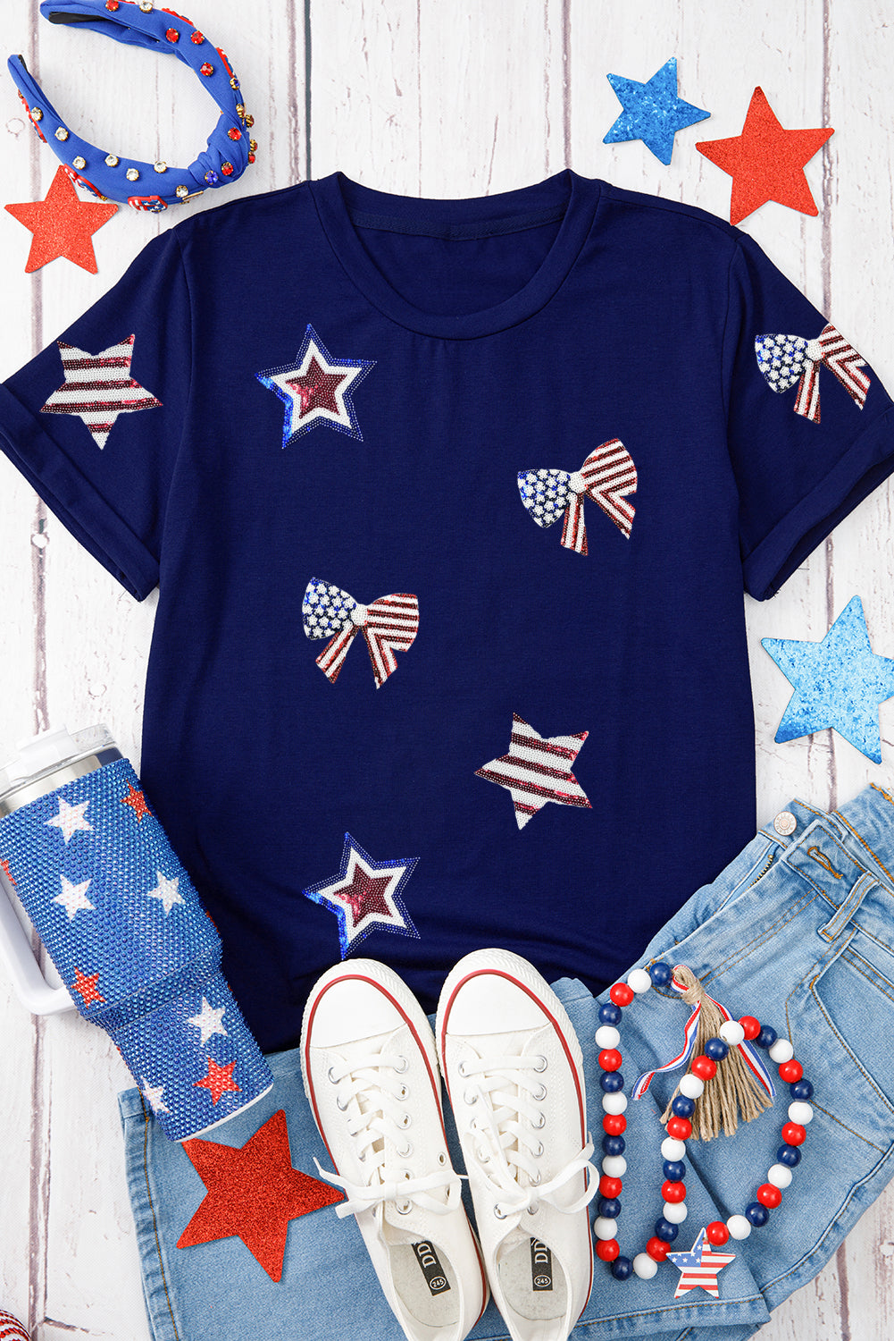 Sequin Star & Bow USA Graphic Tee – Patriotic 4th of July Shirt (Navy)