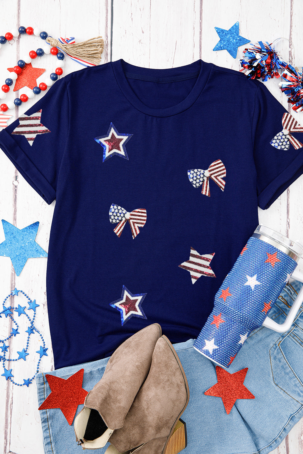 Sequin Star & Bow USA Graphic Tee – Patriotic 4th of July Shirt (Navy)