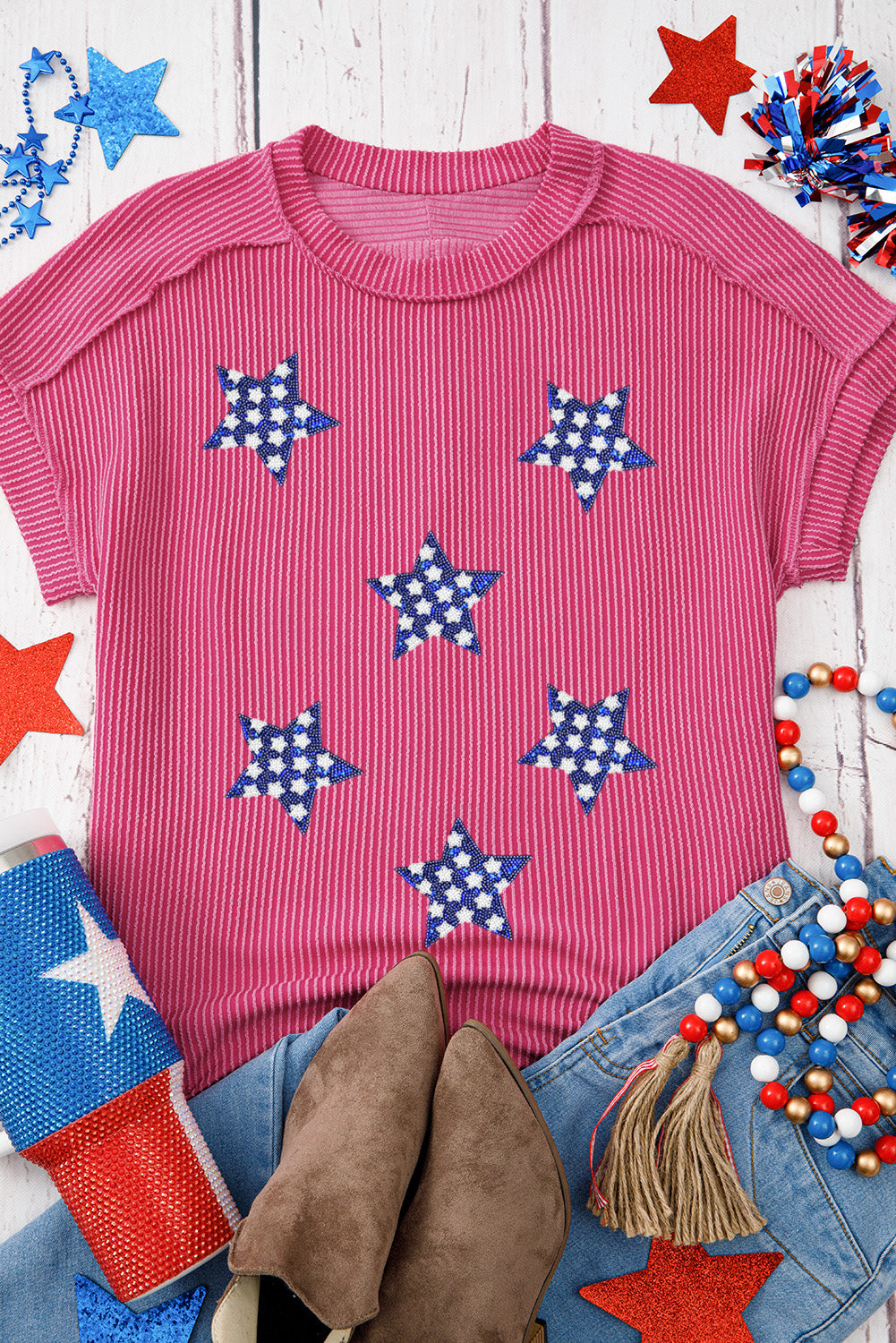 Corded Star Spangled Tee – Pink Textured 4th of July Top with Sequin Stars