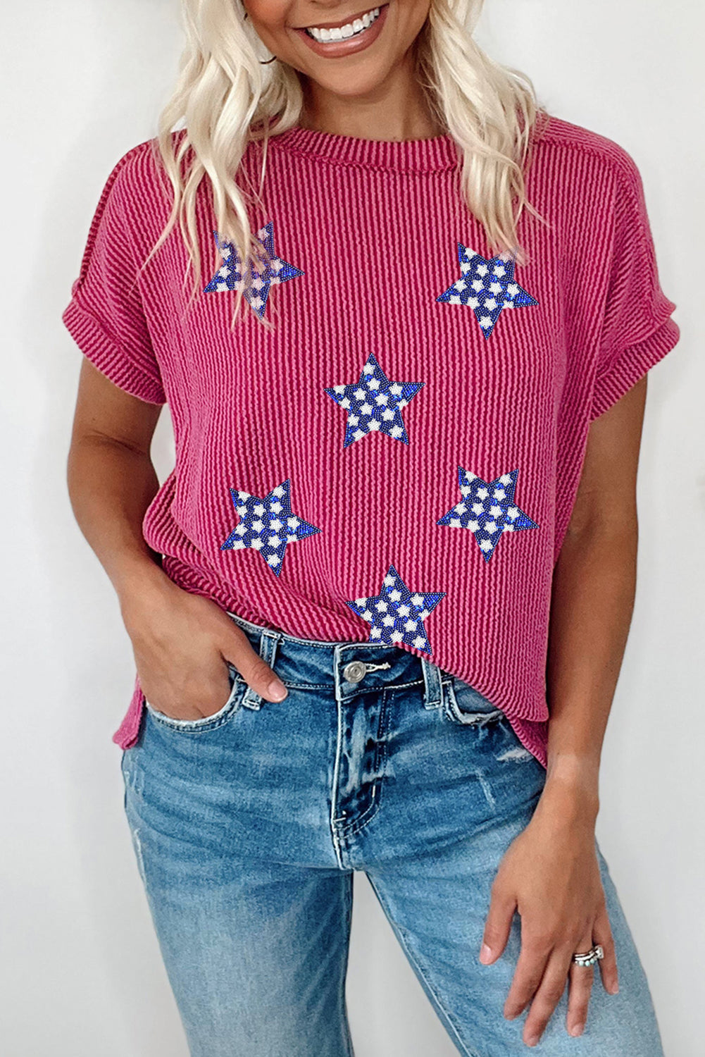 Corded Star Spangled Tee – Pink Textured 4th of July Top with Sequin Stars