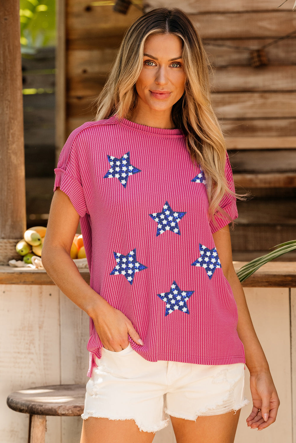 Corded Star Spangled Tee – Pink Textured 4th of July Top with Sequin Stars