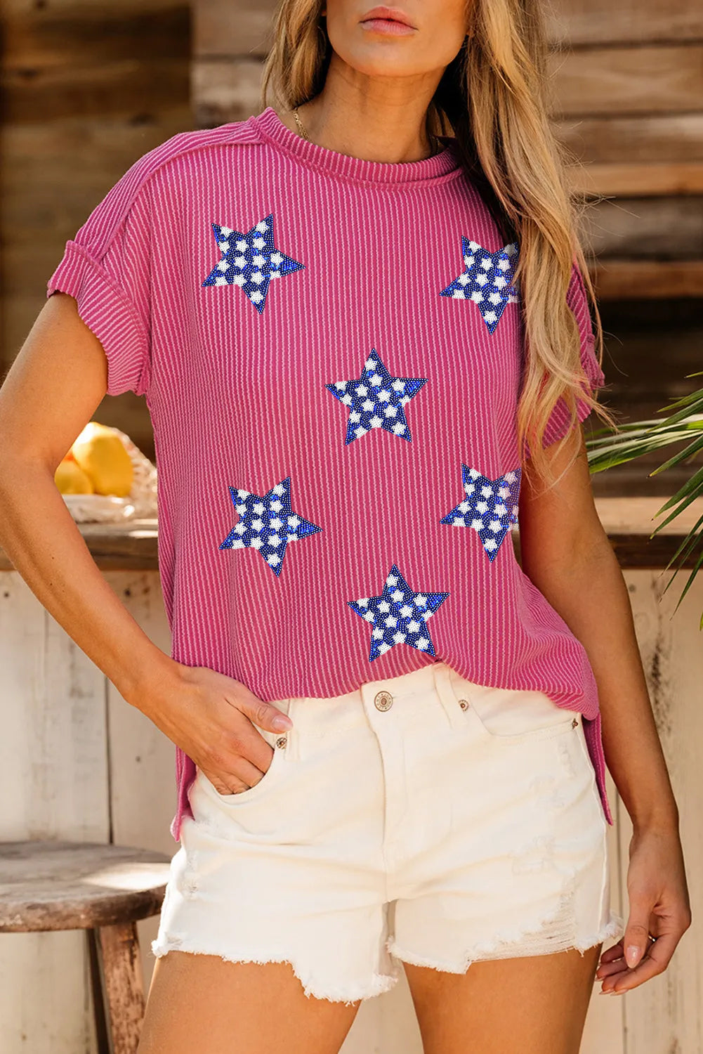Corded Star Spangled Tee – Pink Textured 4th of July Top with Sequin Stars