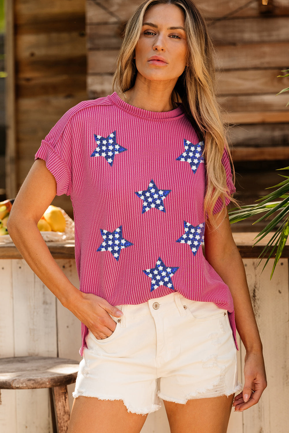 Corded Star Spangled Tee – Pink Textured 4th of July Top with Sequin Stars