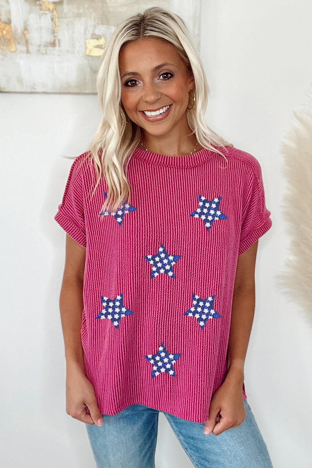 Corded Star Spangled Tee – Pink Textured 4th of July Top with Sequin Stars