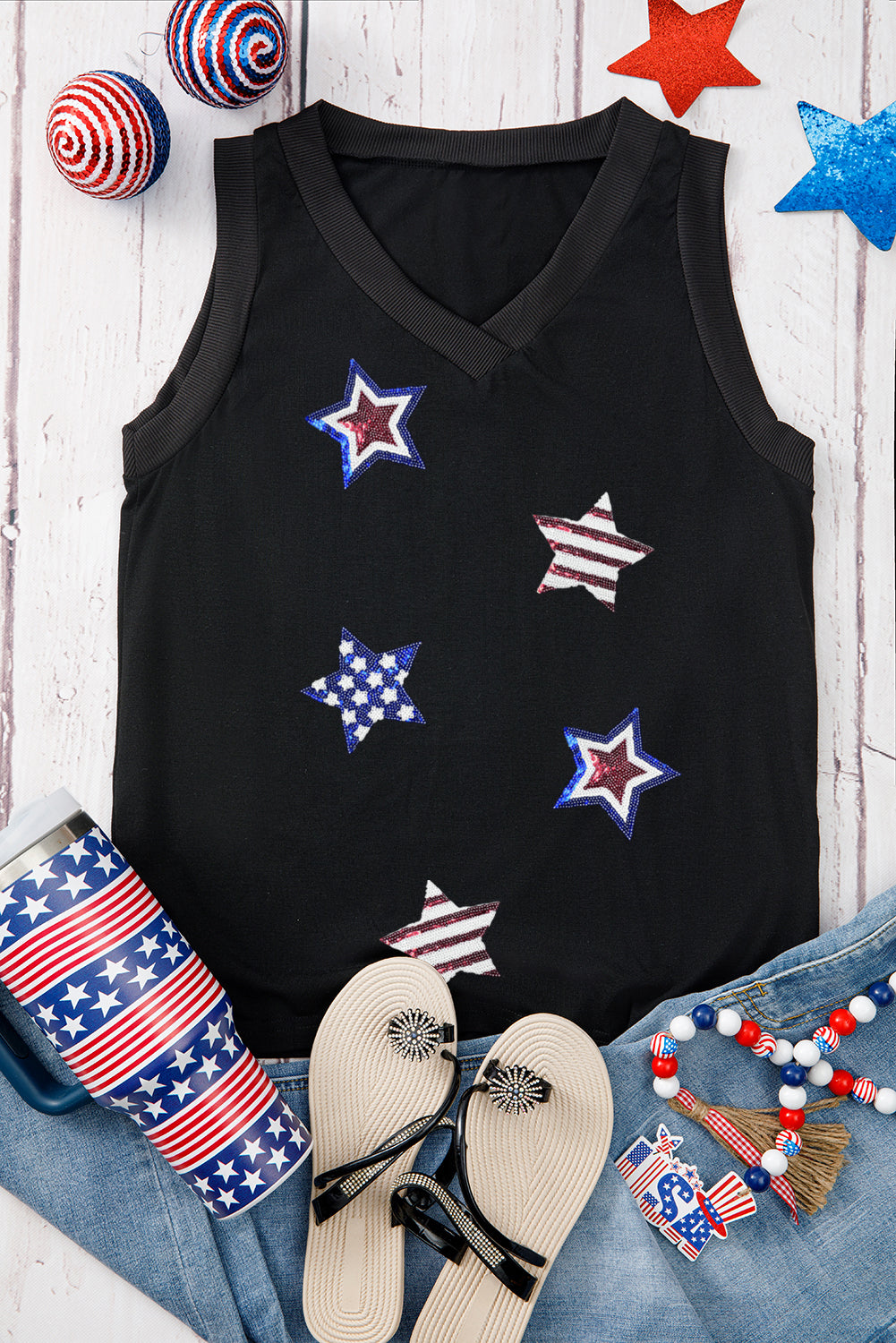 Sequin Star USA Tank – Black Patriotic V-Neck Sleeveless Top