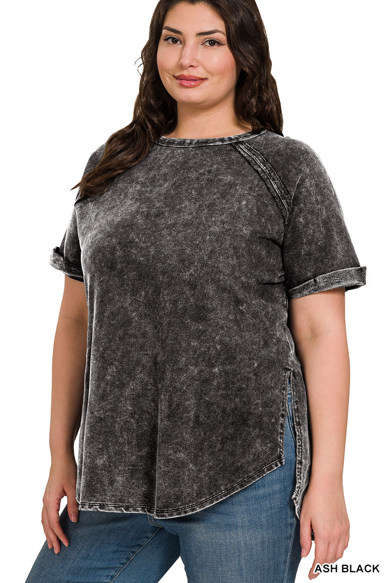Acid Wash French Terry Pullover – Raw Edge Tee with Cuffed Sleeves | Honeysuckle Road