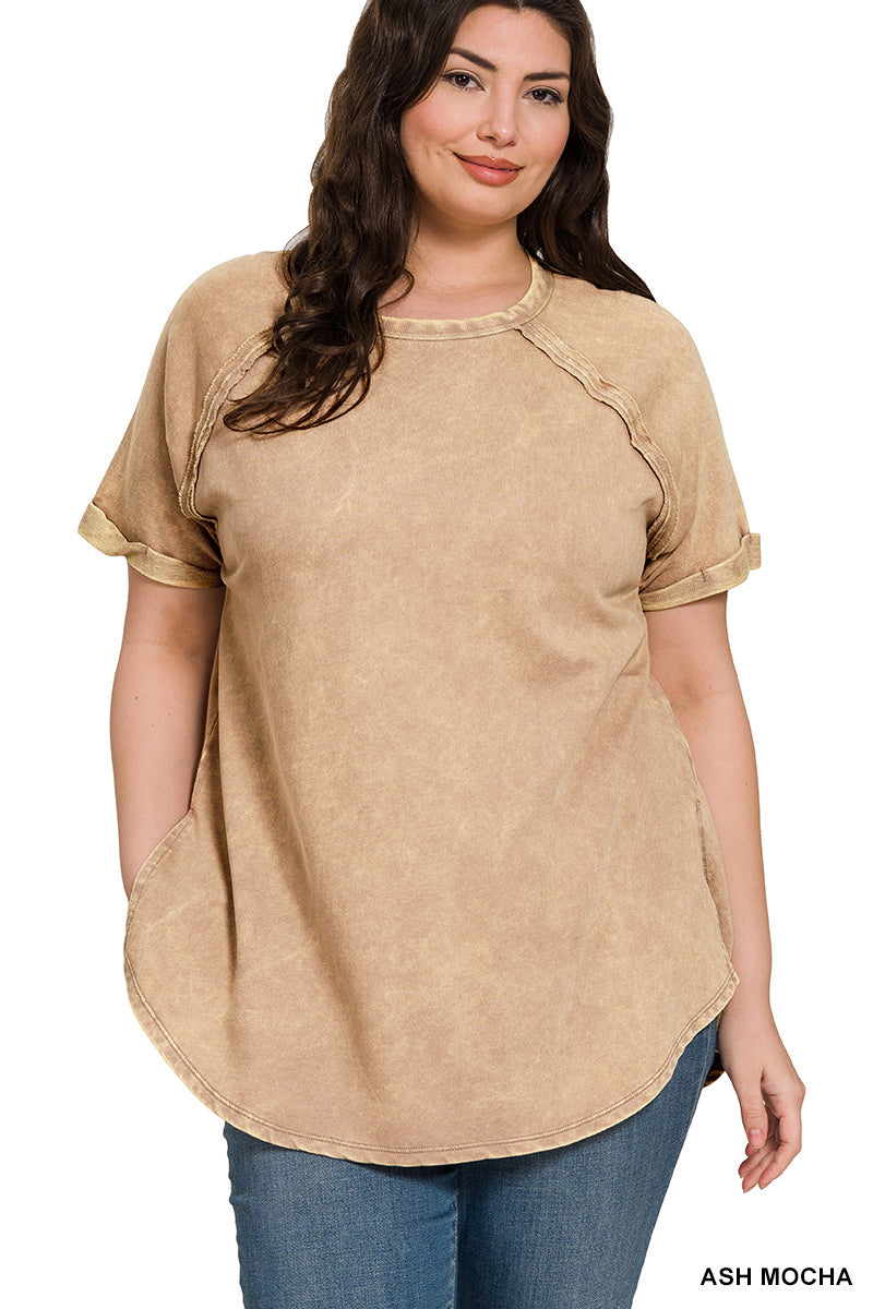 Acid Wash French Terry Pullover – Raw Edge Tee with Cuffed Sleeves | Honeysuckle Road