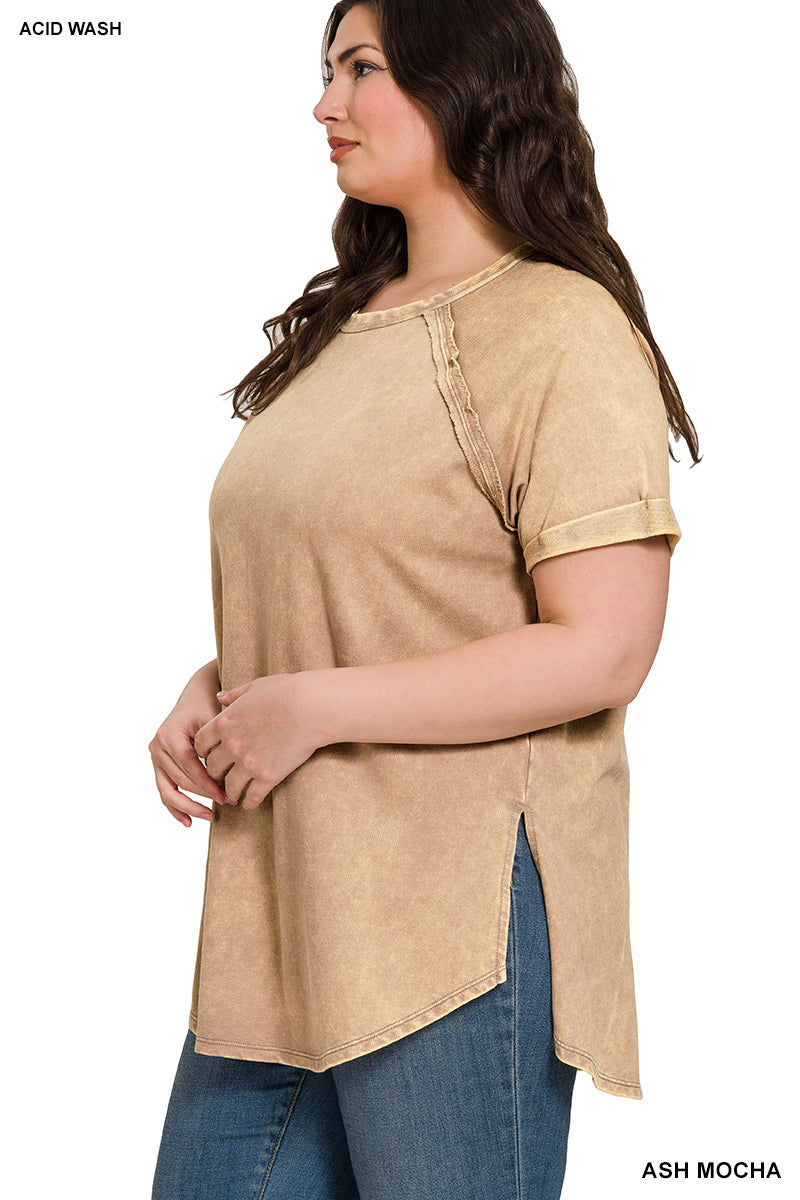 Acid Wash French Terry Pullover – Raw Edge Tee with Cuffed Sleeves | Honeysuckle Road