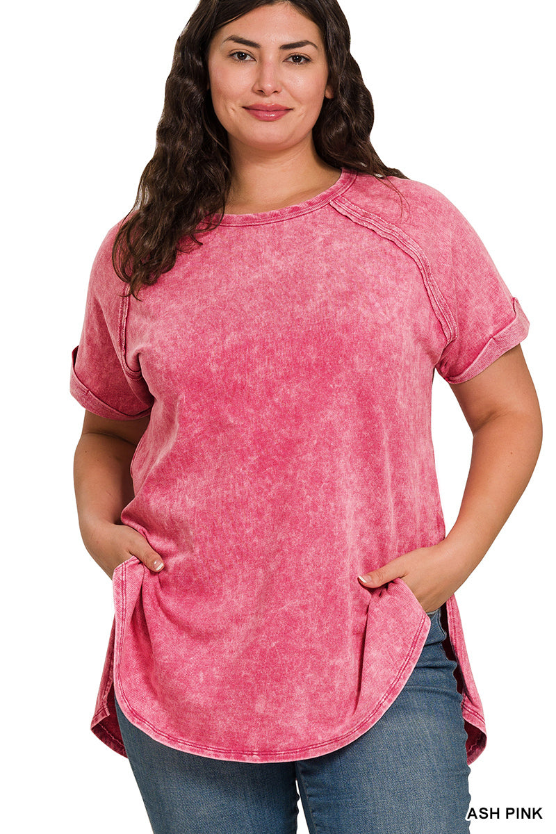 Acid Wash French Terry Pullover – Raw Edge Tee with Cuffed Sleeves | Honeysuckle Road