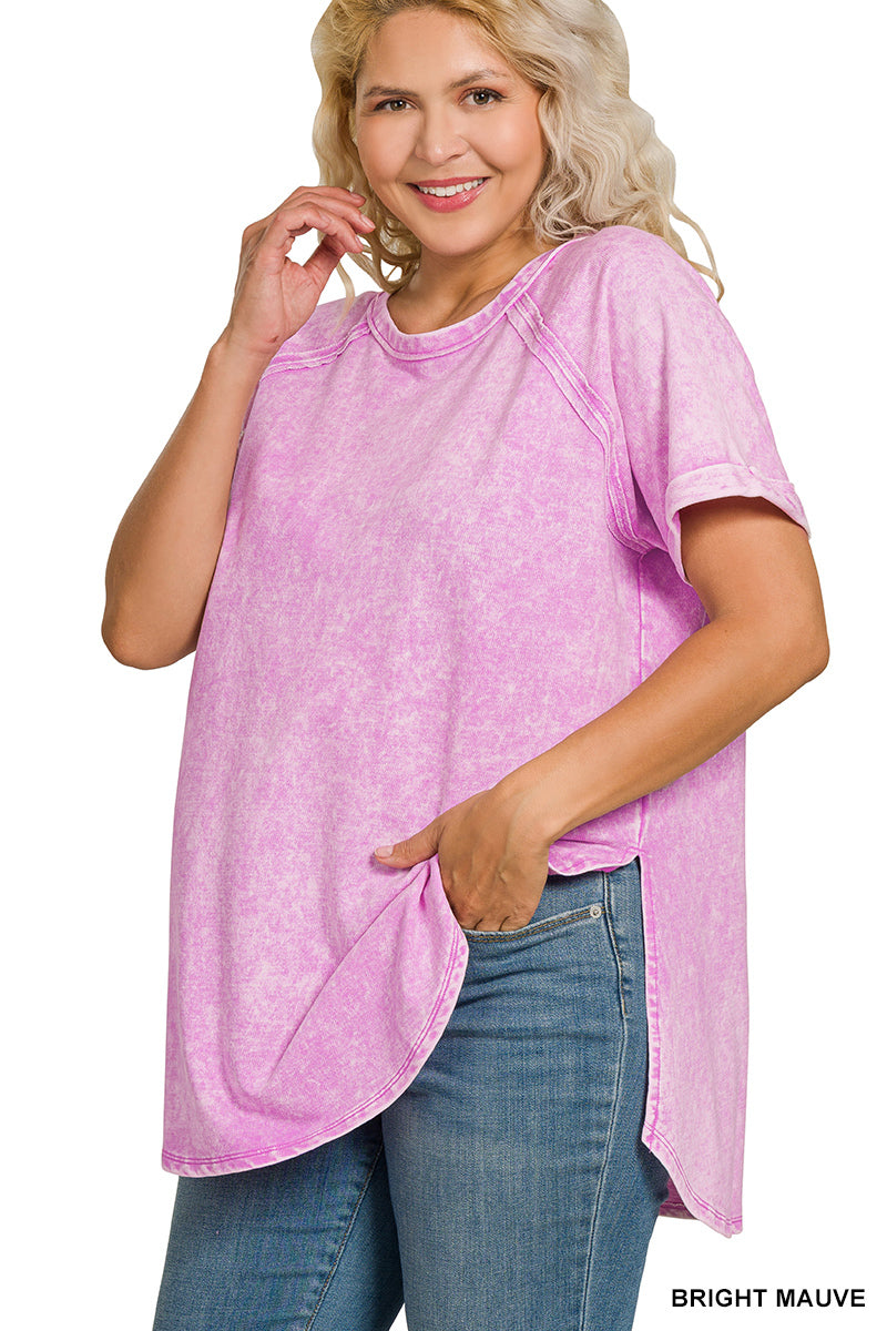 Acid Wash French Terry Pullover – Raw Edge Tee with Cuffed Sleeves | Honeysuckle Road