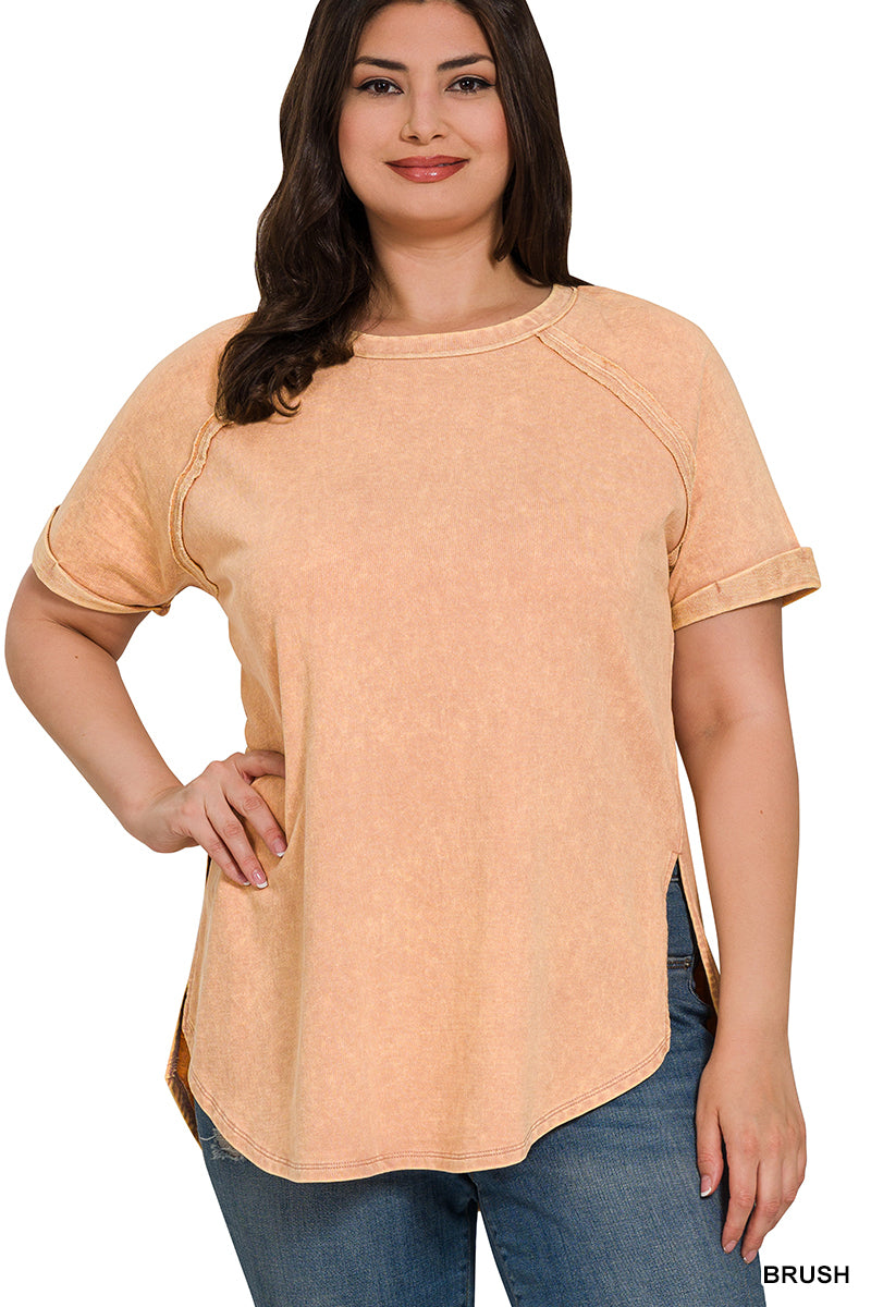 Acid Wash French Terry Pullover – Raw Edge Tee with Cuffed Sleeves | Honeysuckle Road