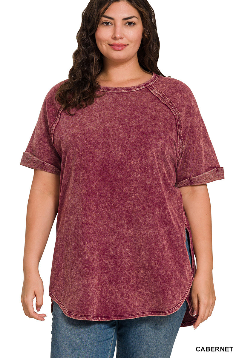 Acid Wash French Terry Pullover – Raw Edge Tee with Cuffed Sleeves | Honeysuckle Road
