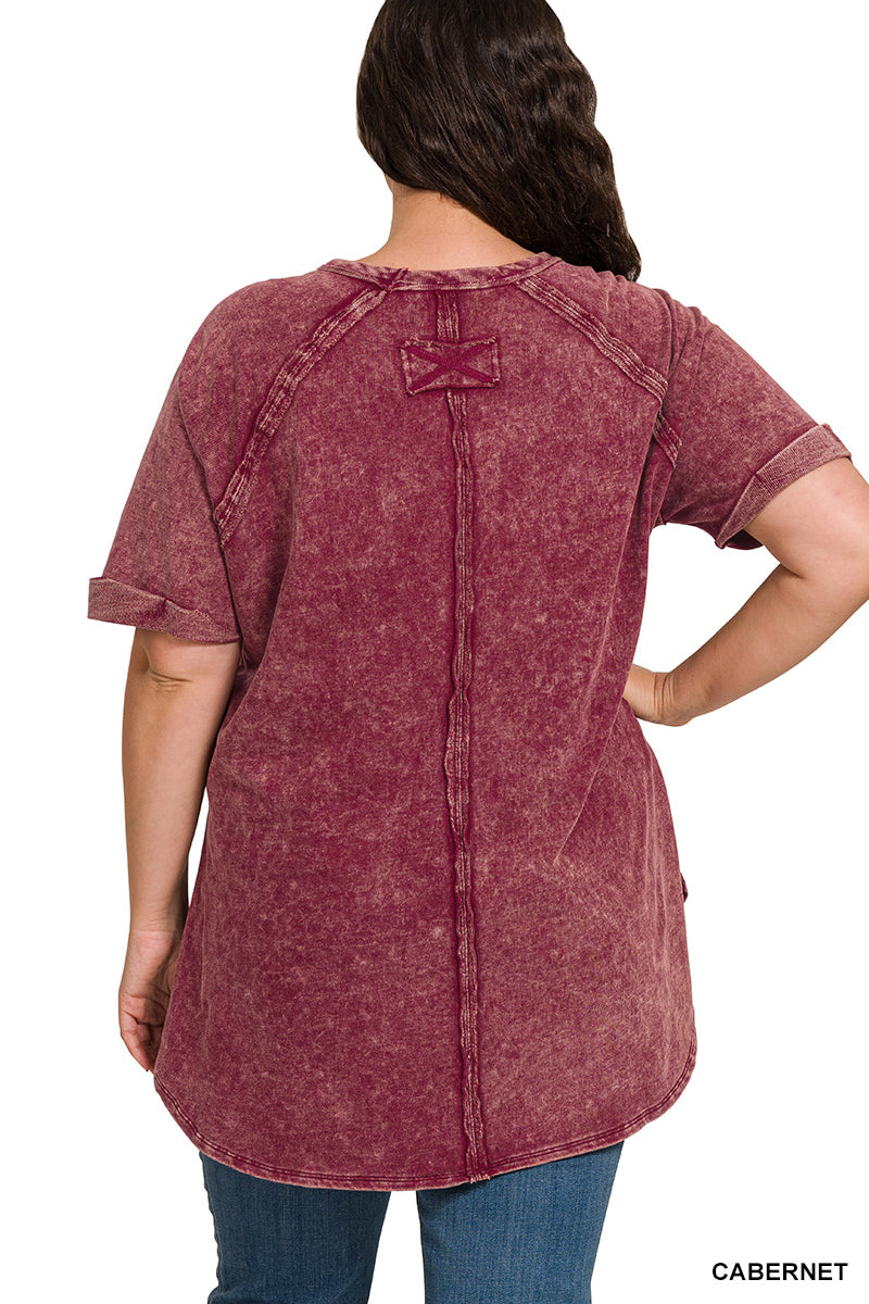 Acid Wash French Terry Pullover – Raw Edge Tee with Cuffed Sleeves | Honeysuckle Road