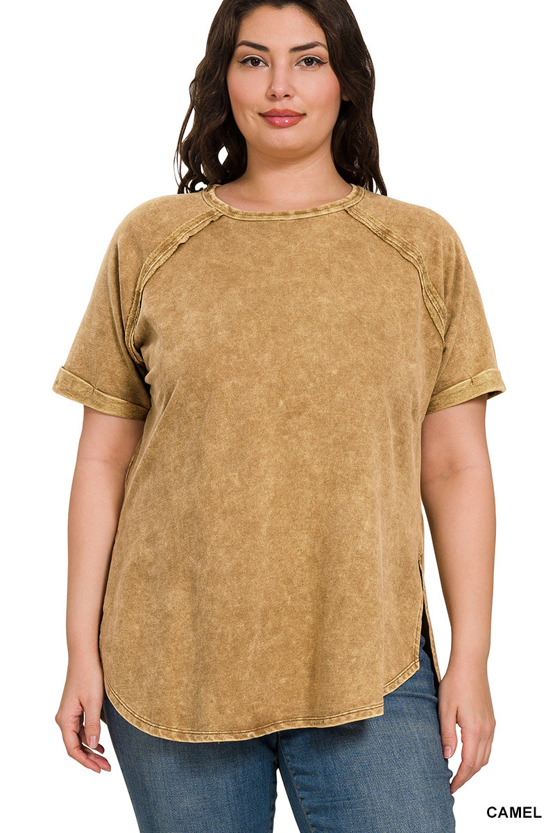 Acid Wash French Terry Pullover – Raw Edge Tee with Cuffed Sleeves | Honeysuckle Road