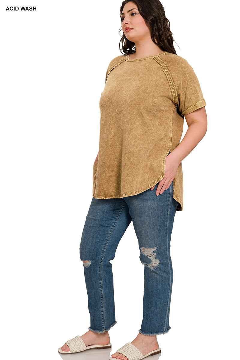 Acid Wash French Terry Pullover – Raw Edge Tee with Cuffed Sleeves | Honeysuckle Road