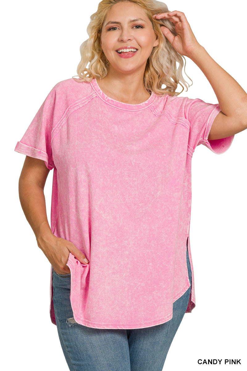 Acid Wash French Terry Pullover – Raw Edge Tee with Cuffed Sleeves | Honeysuckle Road