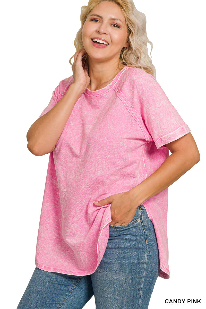 Acid Wash French Terry Pullover – Raw Edge Tee with Cuffed Sleeves | Honeysuckle Road
