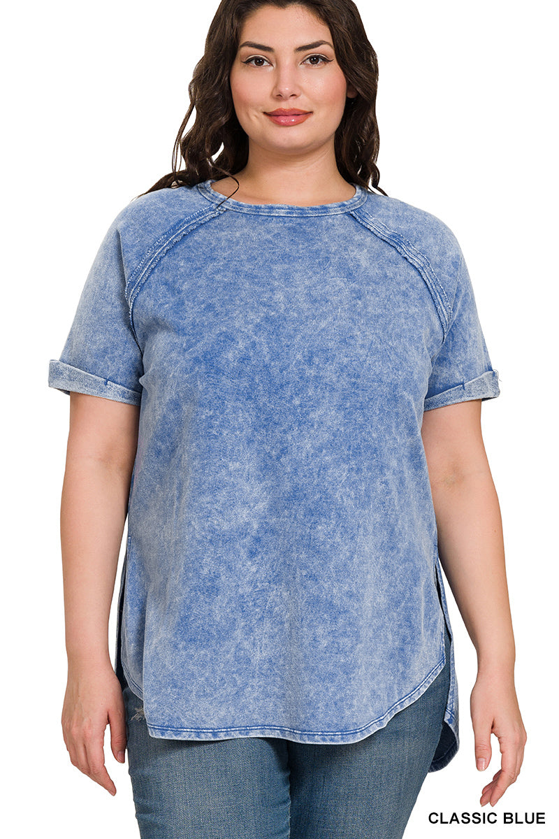 Acid Wash French Terry Pullover – Raw Edge Tee with Cuffed Sleeves | Honeysuckle Road