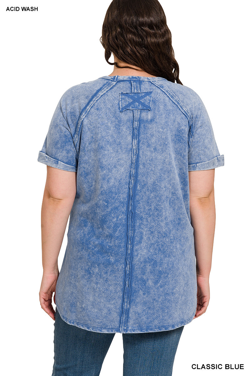 Acid Wash French Terry Pullover – Raw Edge Tee with Cuffed Sleeves | Honeysuckle Road