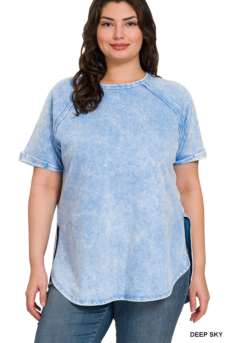 Acid Wash French Terry Pullover – Raw Edge Tee with Cuffed Sleeves | Honeysuckle Road