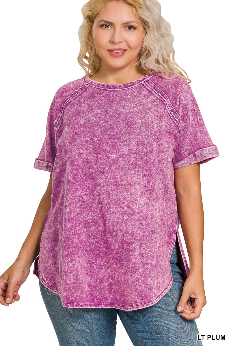 Acid Wash French Terry Pullover – Raw Edge Tee with Cuffed Sleeves | Honeysuckle Road