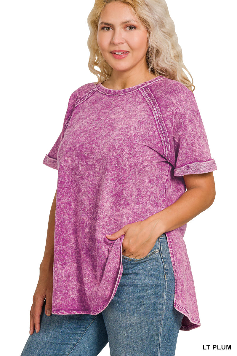 Acid Wash French Terry Pullover – Raw Edge Tee with Cuffed Sleeves | Honeysuckle Road