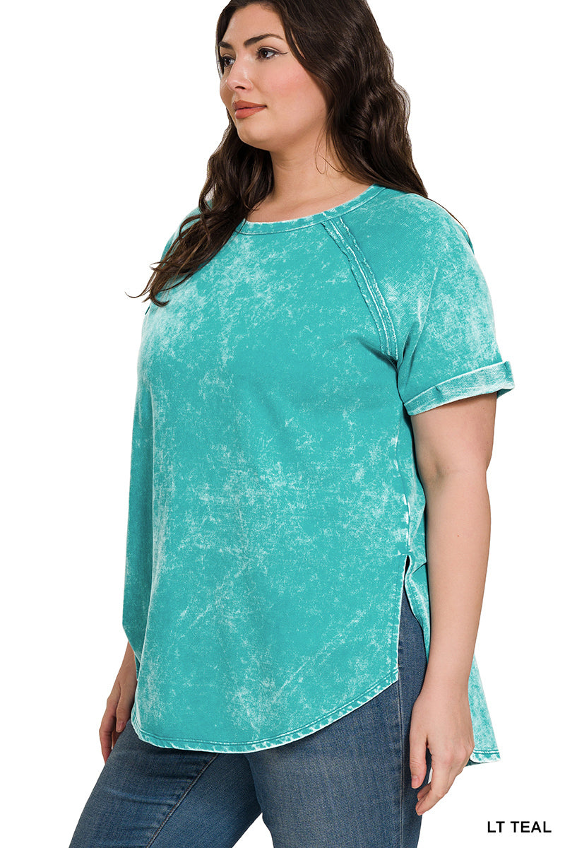 Acid Wash French Terry Pullover – Raw Edge Tee with Cuffed Sleeves | Honeysuckle Road