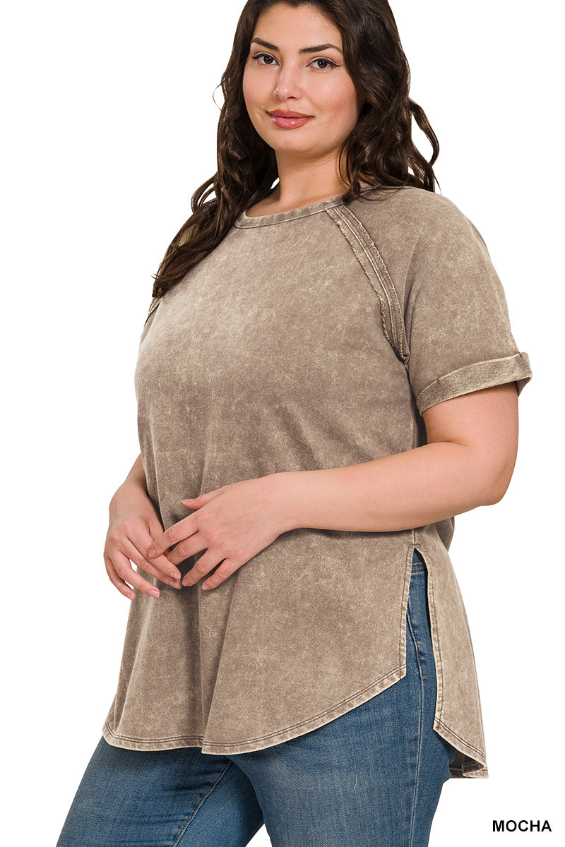 Acid Wash French Terry Pullover – Raw Edge Tee with Cuffed Sleeves | Honeysuckle Road
