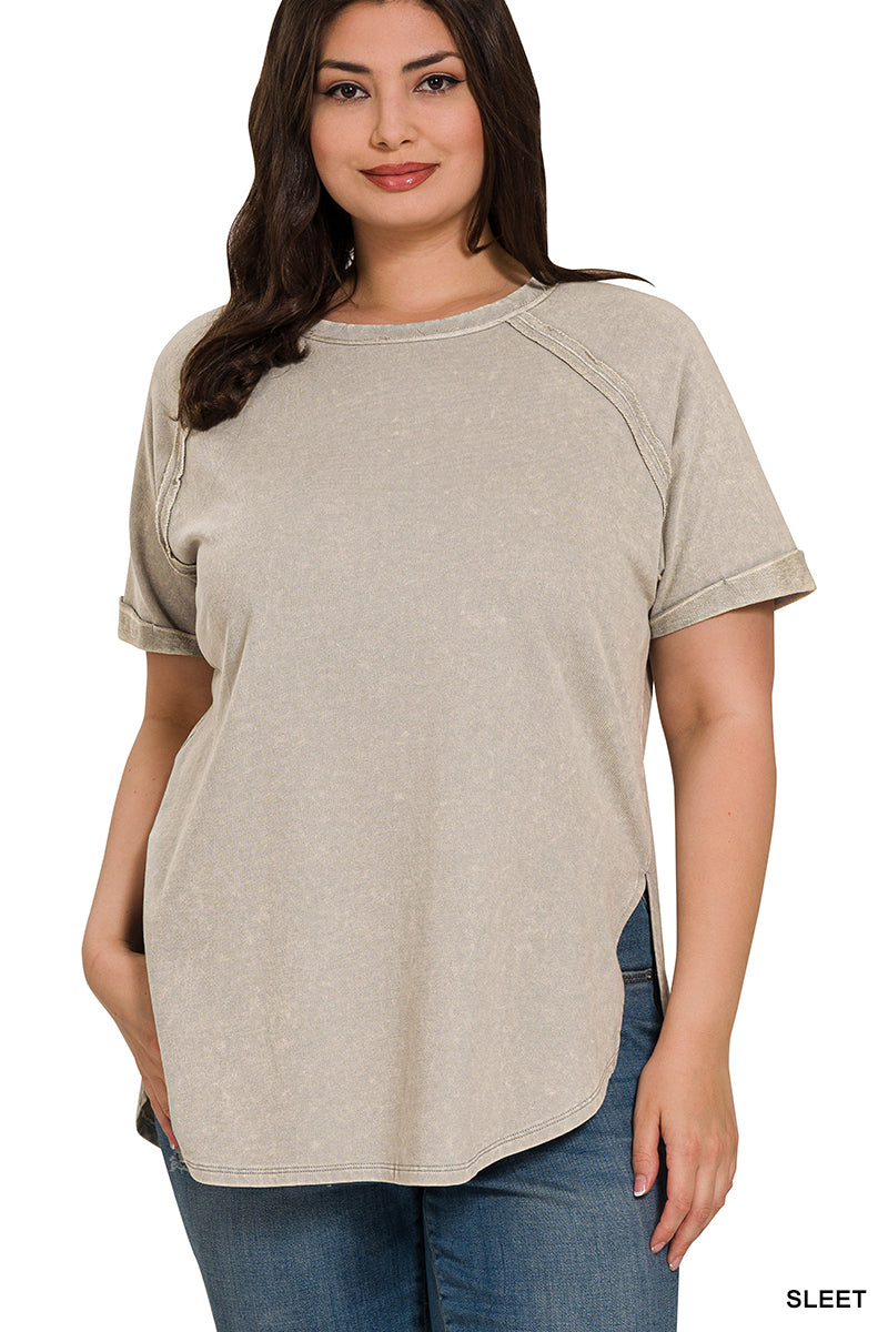 Acid Wash French Terry Pullover – Raw Edge Tee with Cuffed Sleeves | Honeysuckle Road