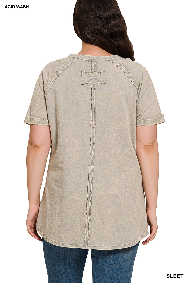 Acid Wash French Terry Pullover – Raw Edge Tee with Cuffed Sleeves | Honeysuckle Road