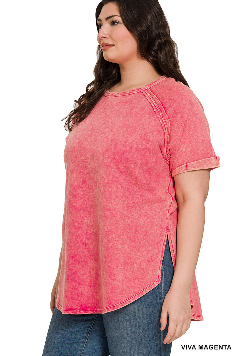 Acid Wash French Terry Pullover – Raw Edge Tee with Cuffed Sleeves | Honeysuckle Road