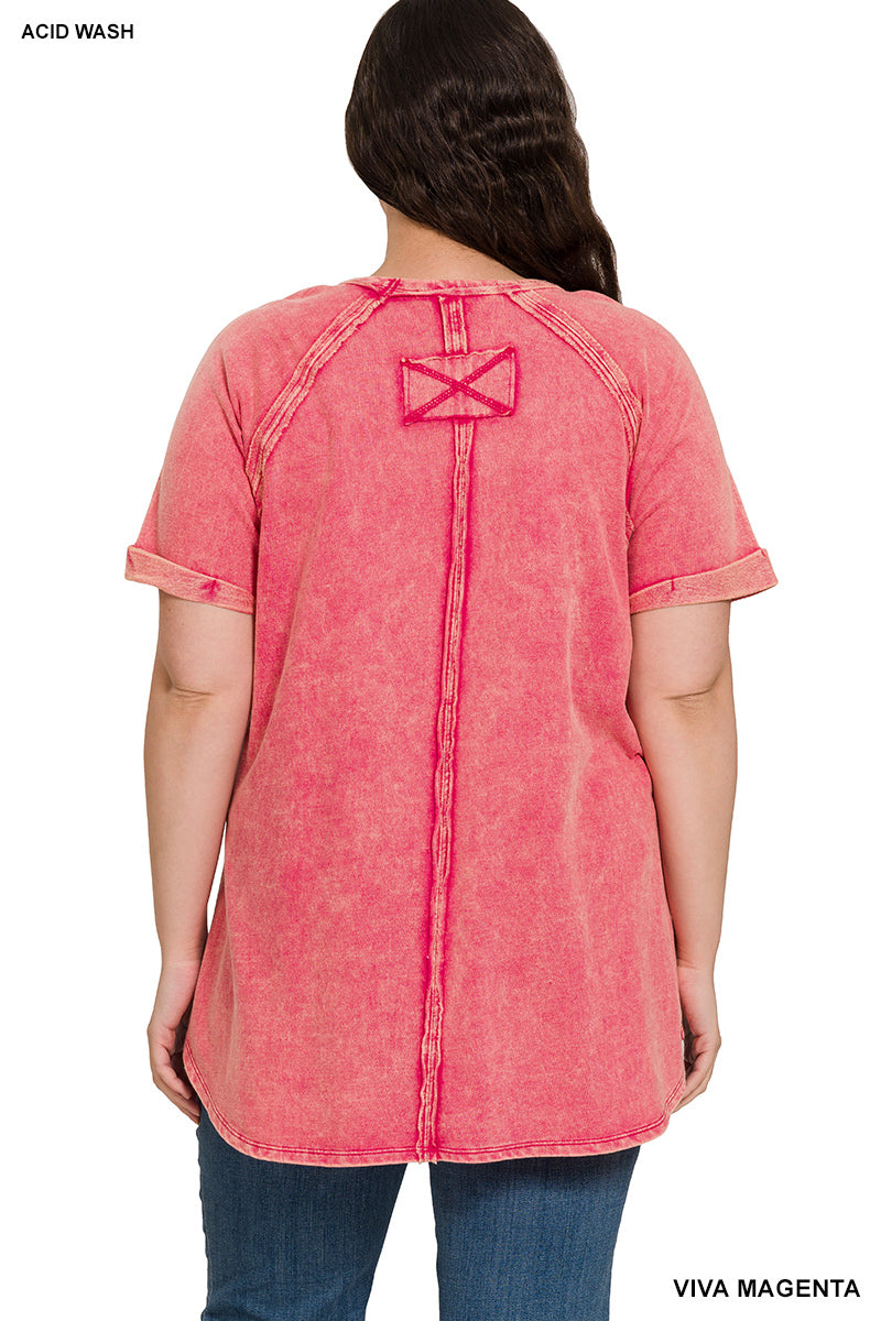 Acid Wash French Terry Pullover – Raw Edge Tee with Cuffed Sleeves | Honeysuckle Road